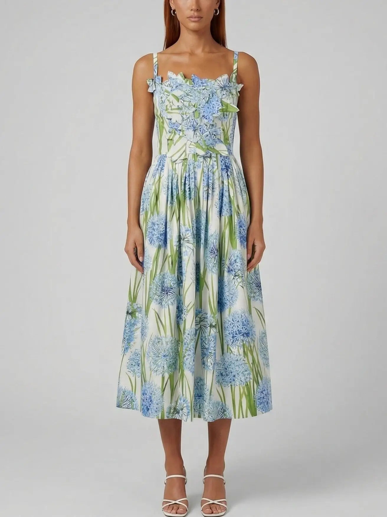 Floral Appliqué Fit-and-Flare Cotton Midi Dress - Dresses