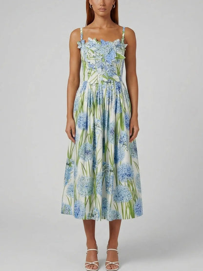Floral Appliqué Fit-and-Flare Cotton Midi Dress - Dresses