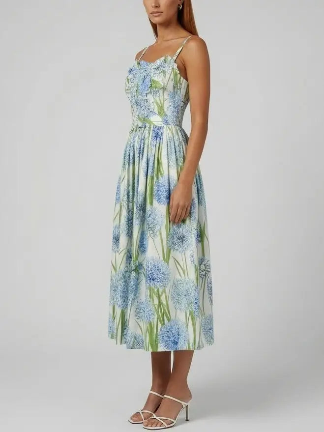 Floral Appliqué Fit-and-Flare Cotton Midi Dress - Dresses
