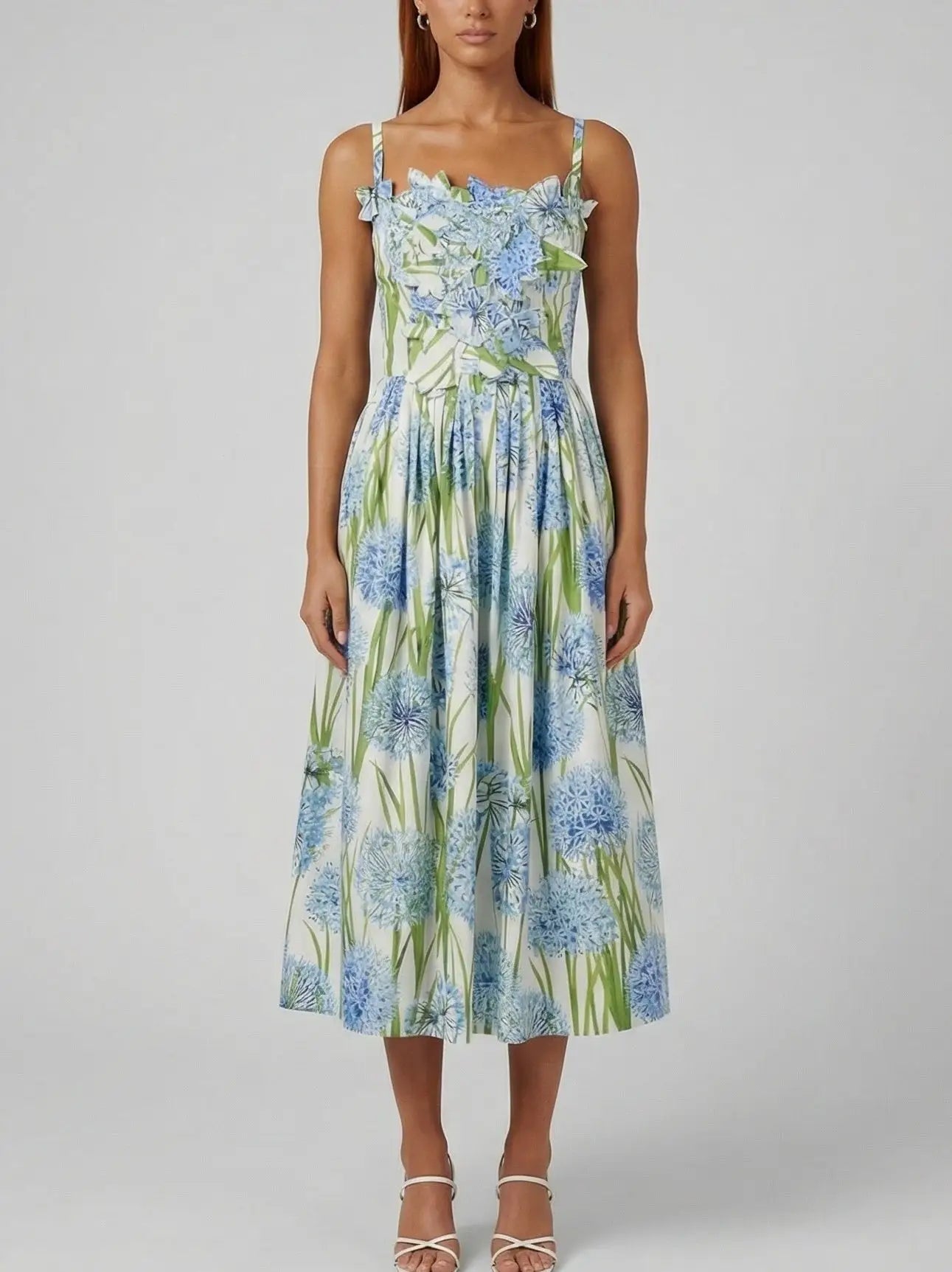 Floral Appliqué Fit-and-Flare Cotton Midi Dress - S - Dresses