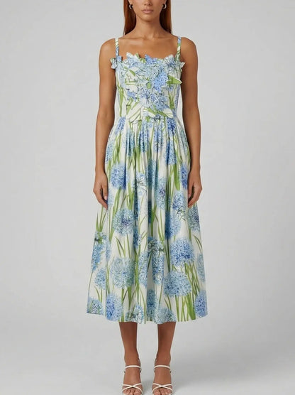 Floral Appliqué Fit-and-Flare Cotton Midi Dress - S - Dresses