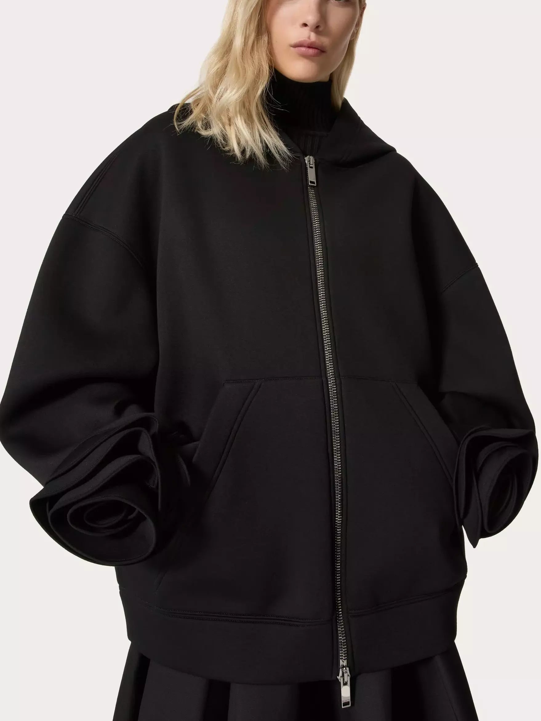 Floral-Applique Hooded Zip Jersey Sweatshirt in Black - Tops