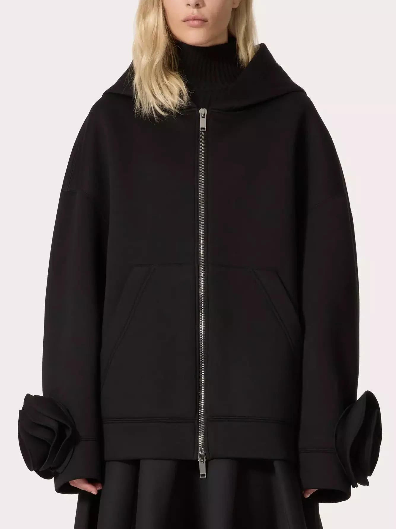 Floral-Applique Hooded Zip Jersey Sweatshirt in Black - Tops