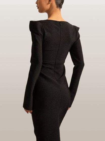 Floral Applique Long Black Sculptured Dress - Dresses