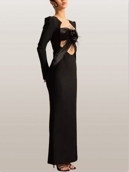 Floral Applique Long Black Sculptured Dress - Dresses