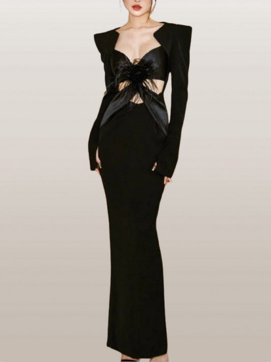 Floral Applique Long Black Sculptured Dress - Small - Dresses