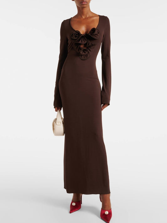 Brown long-sleeved maxi dress featuring floral applique long jersey design
