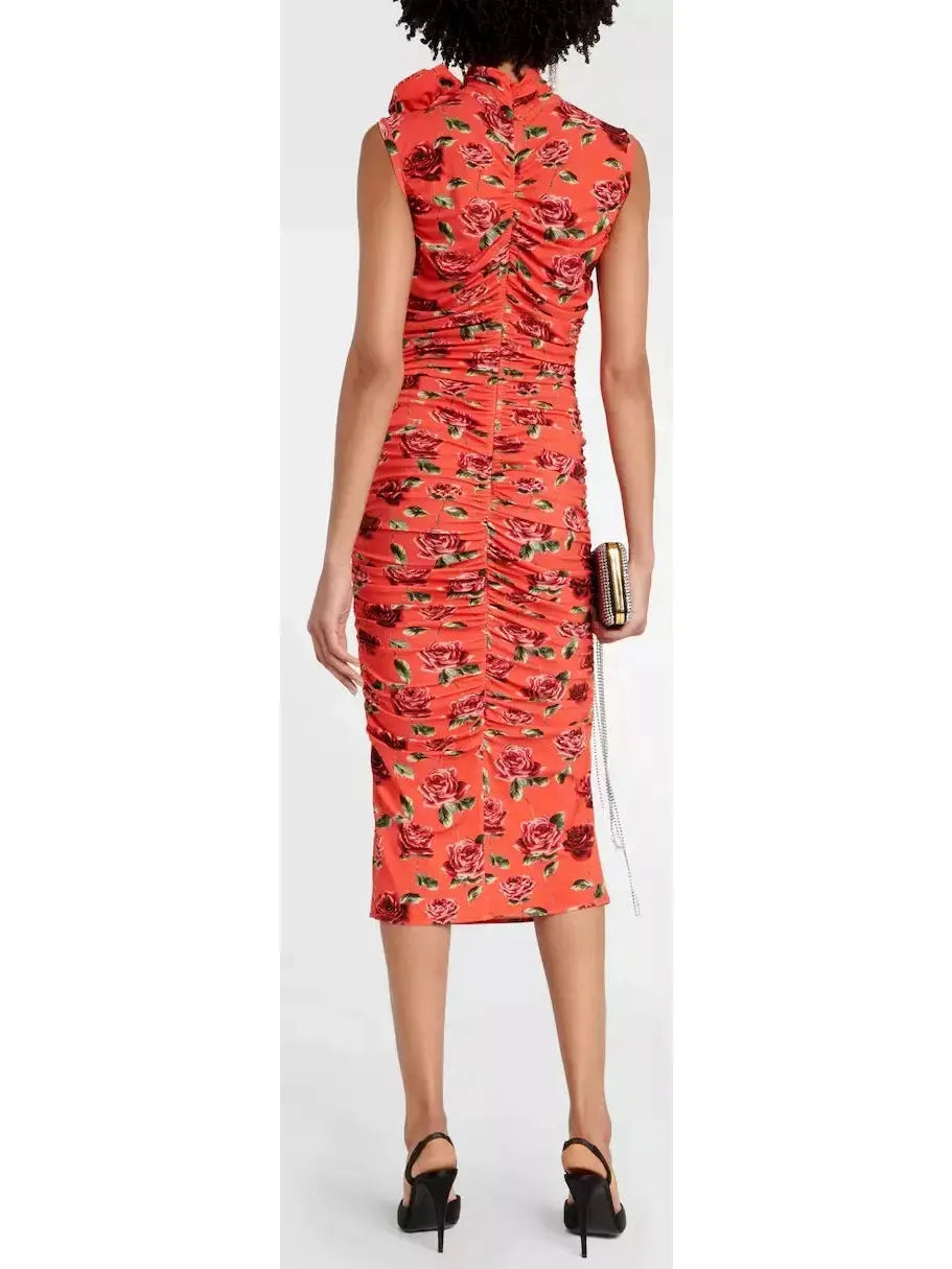 Floral-Appliqué Printed Midi Dress - Dresses