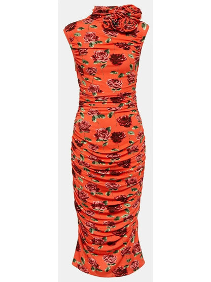 Floral-Appliqué Printed Midi Dress - small - Dresses