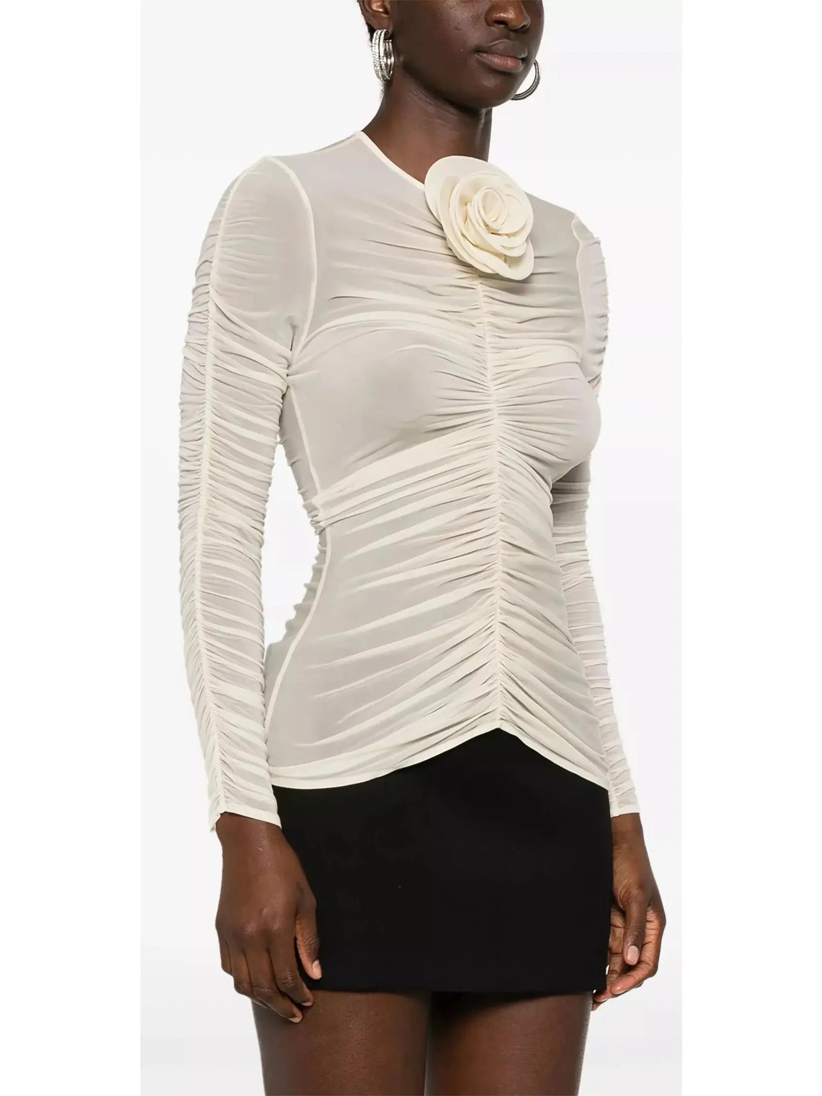 Floral Applique Ruched Long-Sleeve Top in Light Beige - Tops