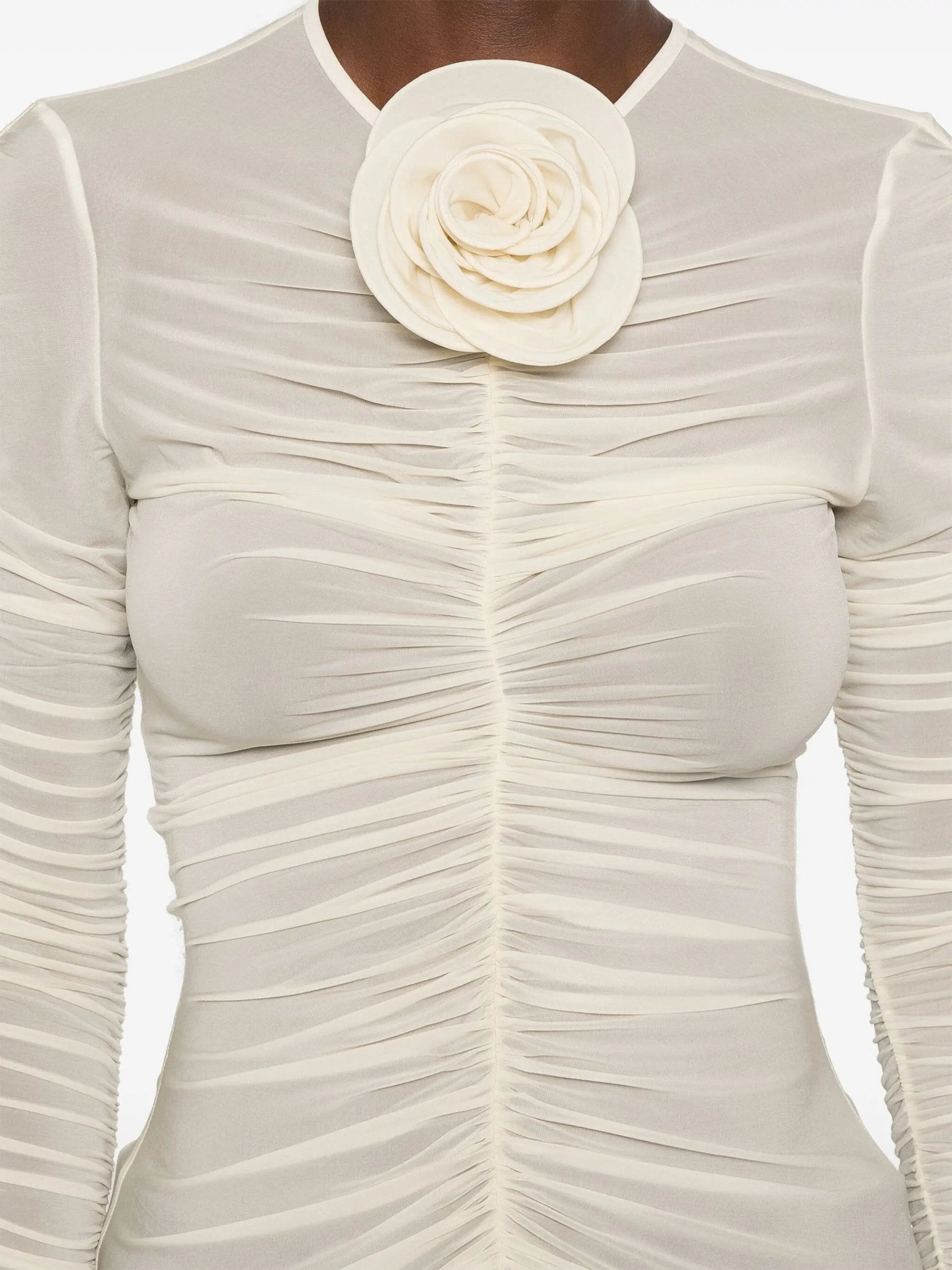 Floral Applique Ruched Long-Sleeve Top in Light Beige - Tops