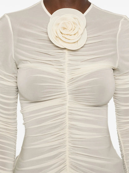 Floral Applique Ruched Long-Sleeve Top in Light Beige - Tops