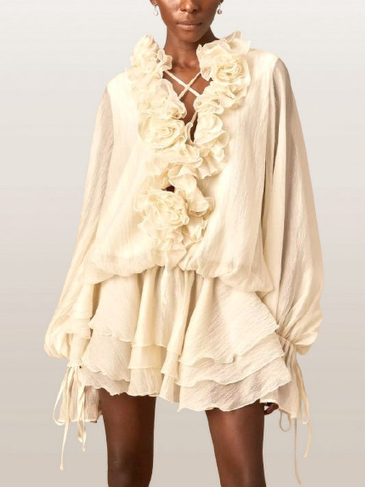 Floral Applique Ruffled Blouson Mini Dress - Dresses