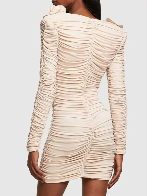 Floral Applique Ruffled Ruched Beige Mini Dress - Dresses