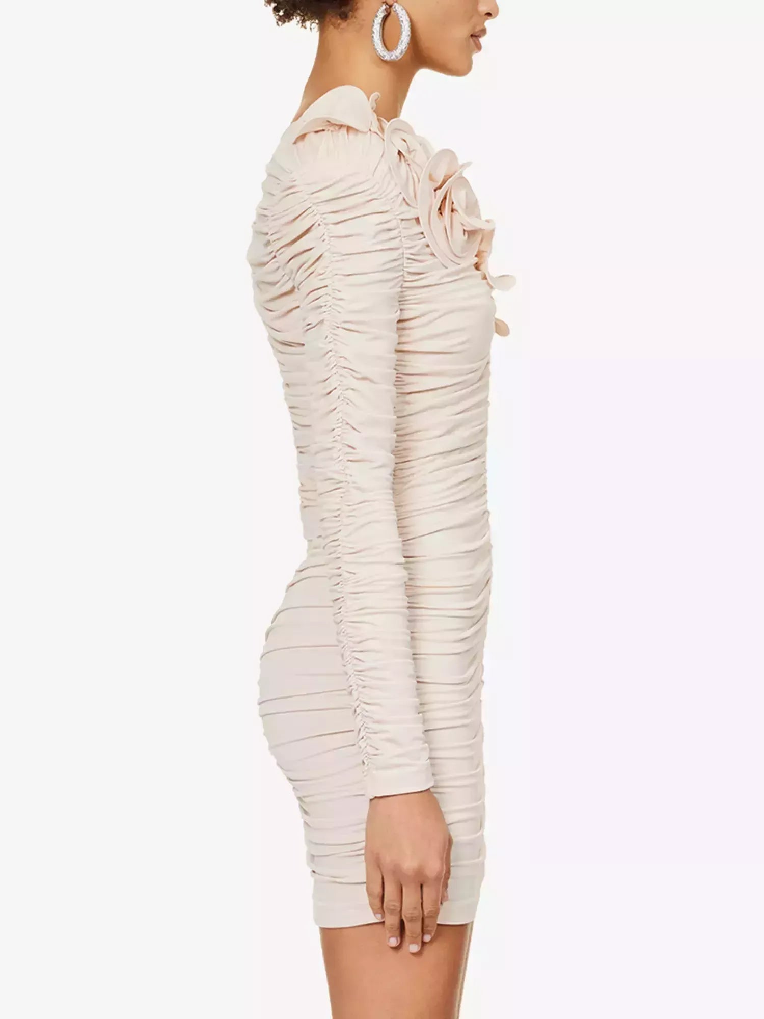 Floral Applique Ruffled Ruched Beige Mini Dress - Dresses