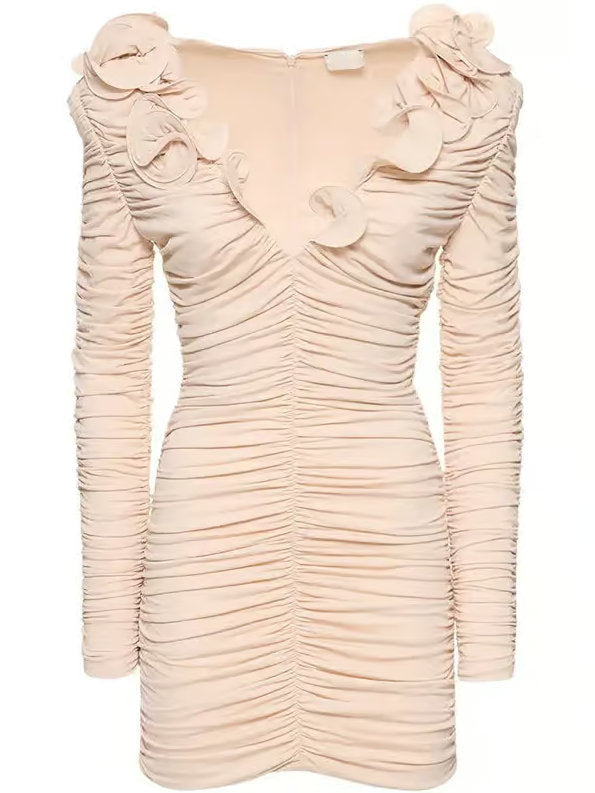 Floral Applique Ruffled Ruched Beige Mini Dress - Dresses