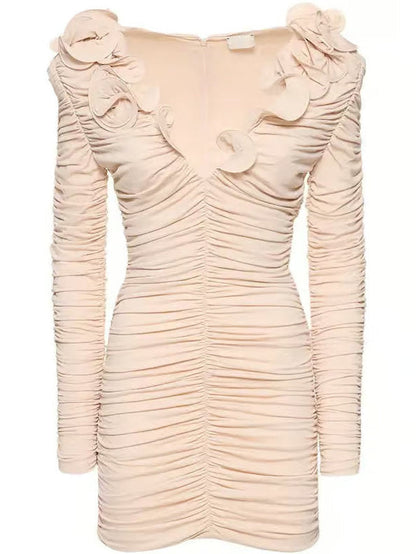 Floral Applique Ruffled Ruched Beige Mini Dress - Dresses