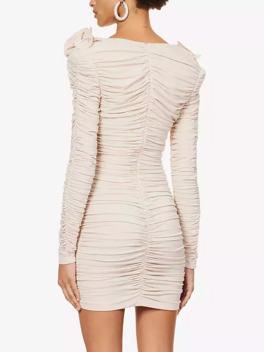 Floral Applique Ruffled Ruched Beige Mini Dress - Dresses