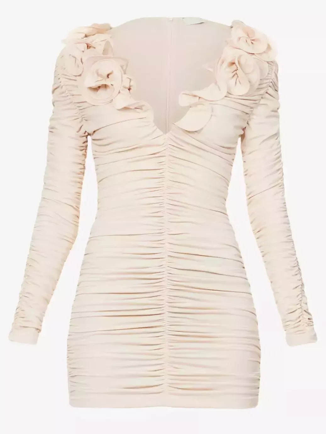 Floral Applique Ruffled Ruched Beige Mini Dress - Dresses
