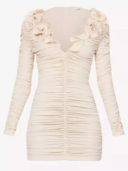 Floral Applique Ruffled Ruched Beige Mini Dress - Dresses