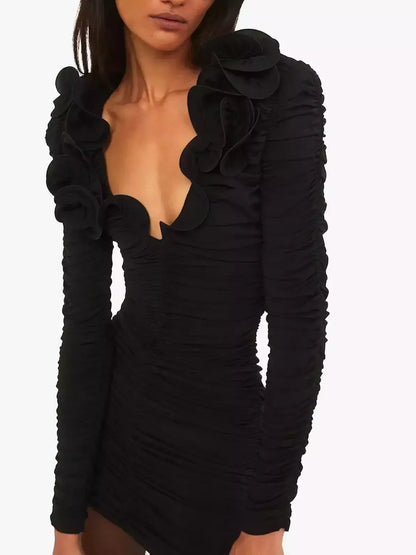 Floral Applique Ruffled Ruched Black Mini Dress - Dresses