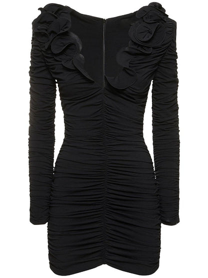 Floral Applique Ruffled Ruched Black Mini Dress - Dresses