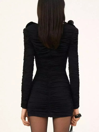 Floral Applique Ruffled Ruched Black Mini Dress - Dresses