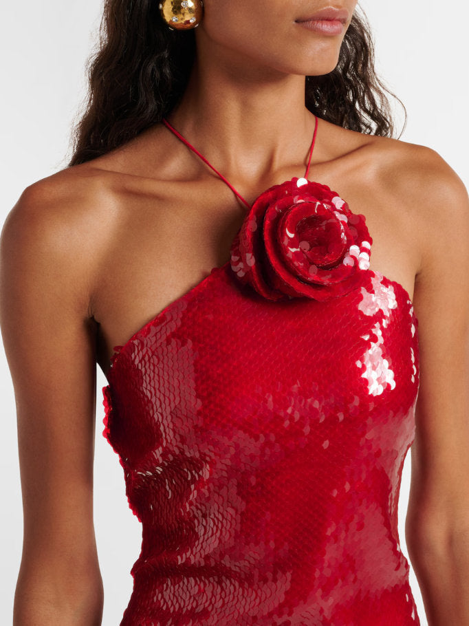 Floral-Appliqué Sequined Mini Dress in Red - Dresses