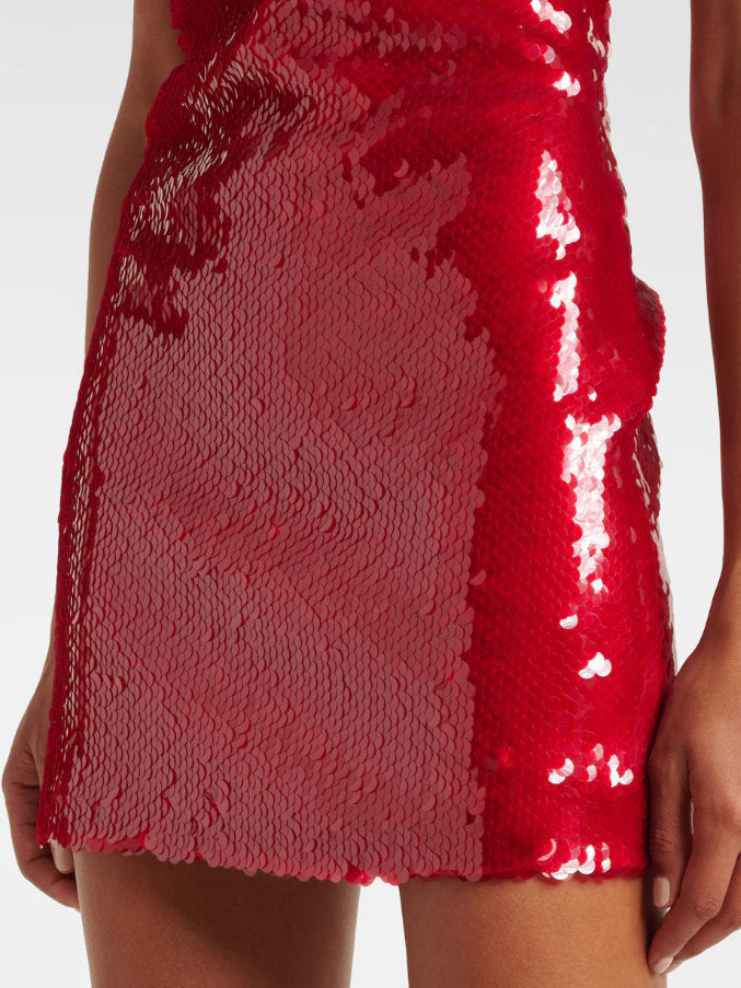 Floral-Appliqué Sequined Mini Dress in Red - Dresses