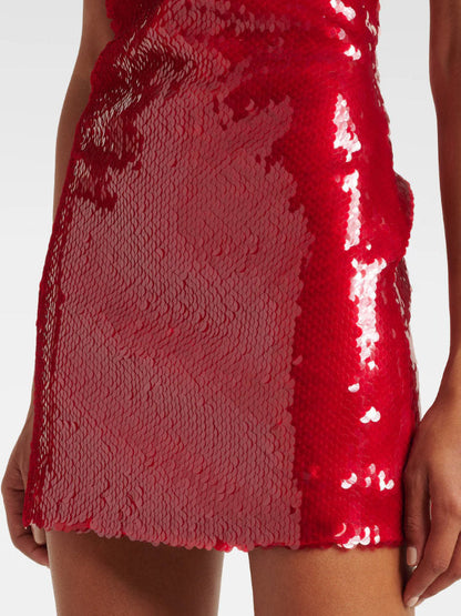 Floral-Appliqué Sequined Mini Dress in Red - Dresses