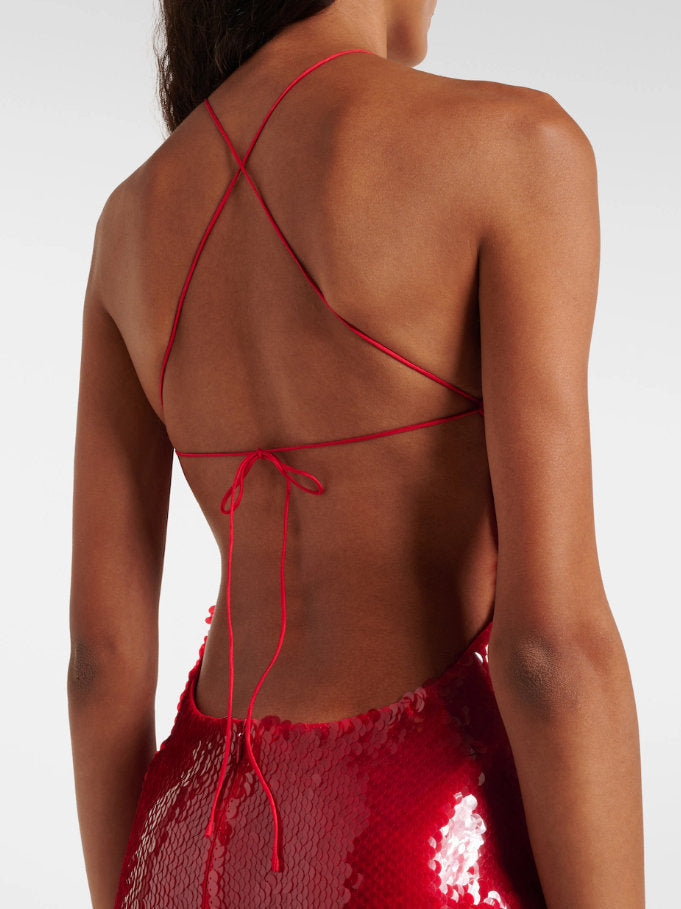 Floral-Appliqué Sequined Mini Dress in Red - Dresses
