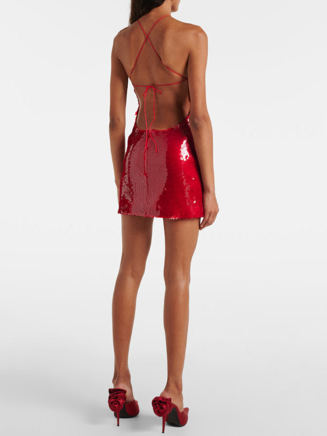 Floral-Appliqué Sequined Mini Dress in Red - Dresses