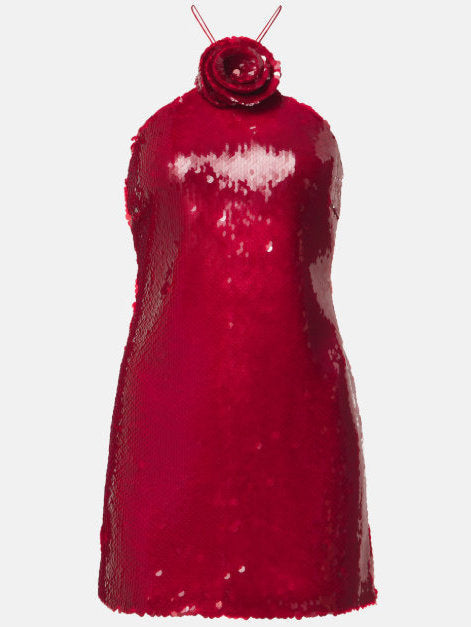 Floral-Appliqué Sequined Mini Dress in Red - Dresses