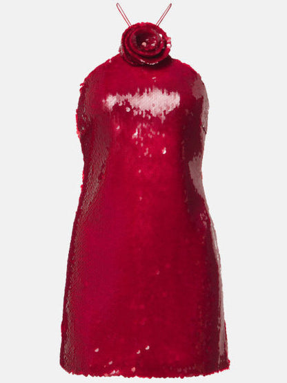 Floral-Appliqué Sequined Mini Dress in Red - Dresses