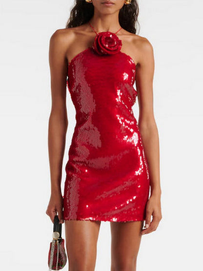 Floral-Appliqué Sequined Mini Dress in Red - Dresses