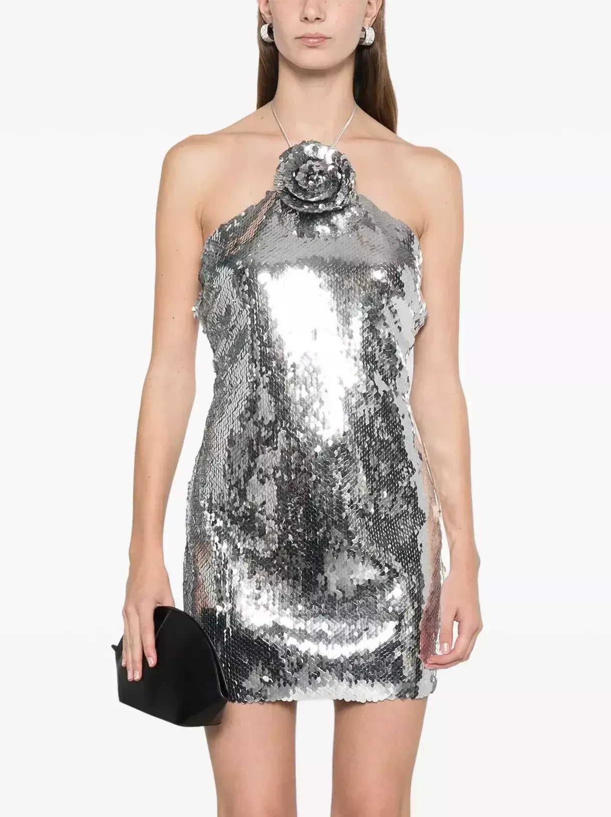 Floral-Appliqué Sequined Mini Dress in Silver - Dresses