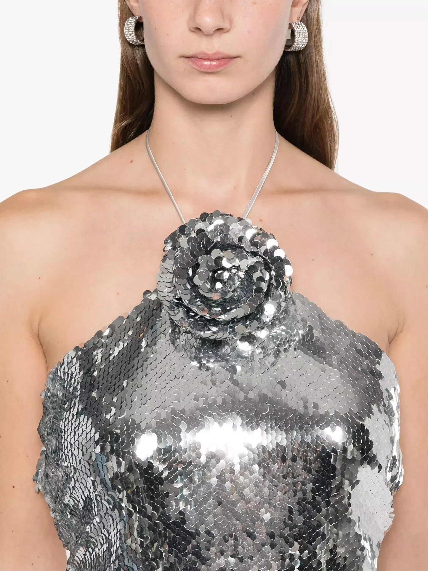 Floral-Appliqué Sequined Mini Dress in Silver - Dresses