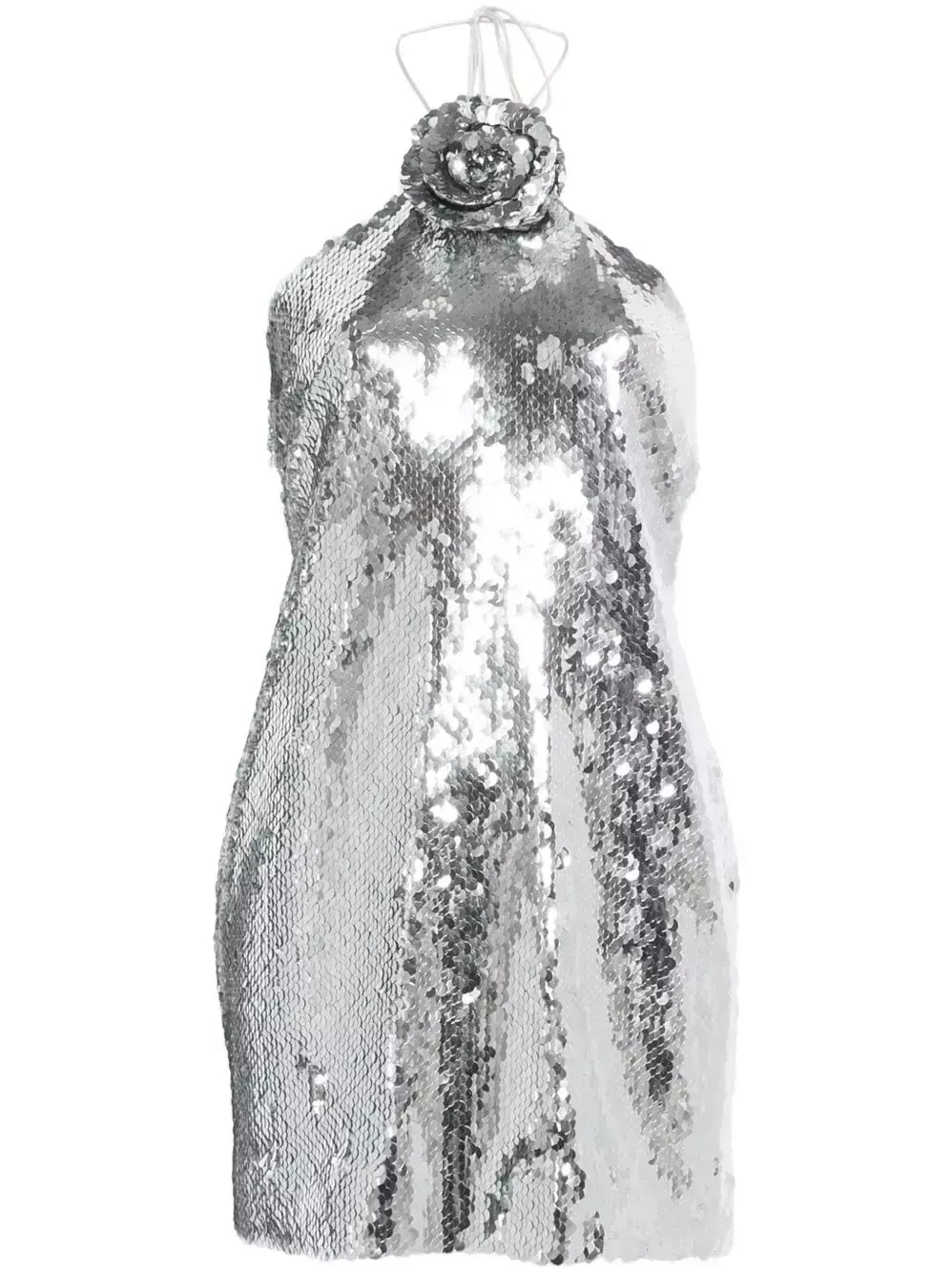 Floral-Appliqué Sequined Mini Dress in Silver - Dresses