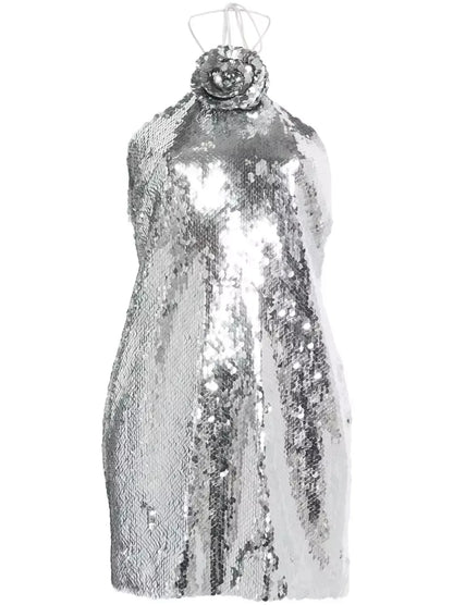 Floral-Appliqué Sequined Mini Dress in Silver - Dresses