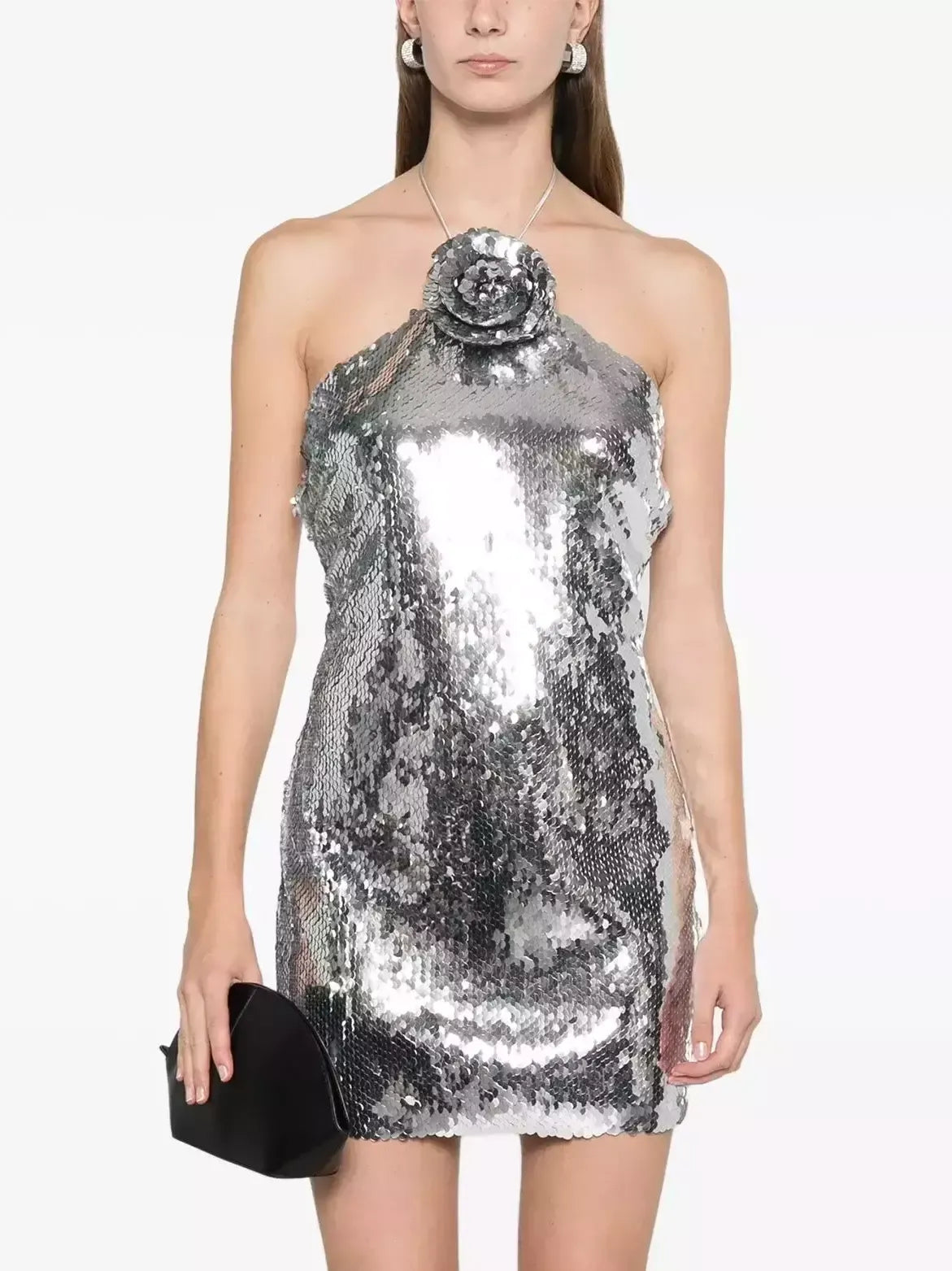 Floral-Appliqué Sequined Mini Dress in Silver - Dresses