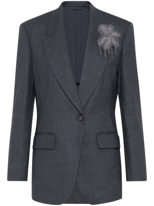 Floral-Appliqué Single-Breasted Blazer in Grey - Jackets