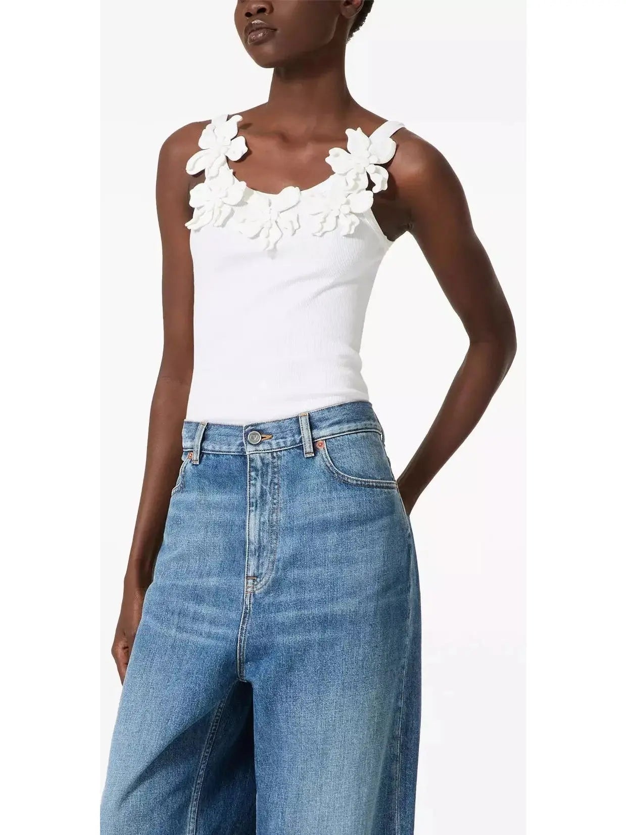 Floral-Appliqué White Cotton Tank Top - Tops