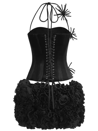 Floral-Appliqued Black Velvet Corset and Ruffle Skirt Set - Suits & Sets