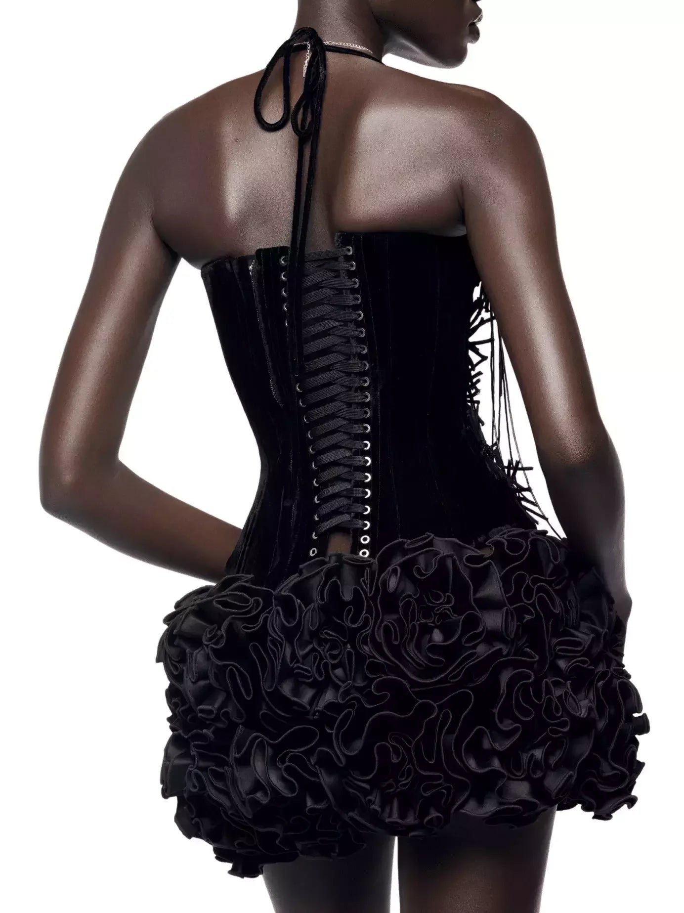 Floral-Appliqued Black Velvet Corset and Ruffle Skirt Set - Suits & Sets