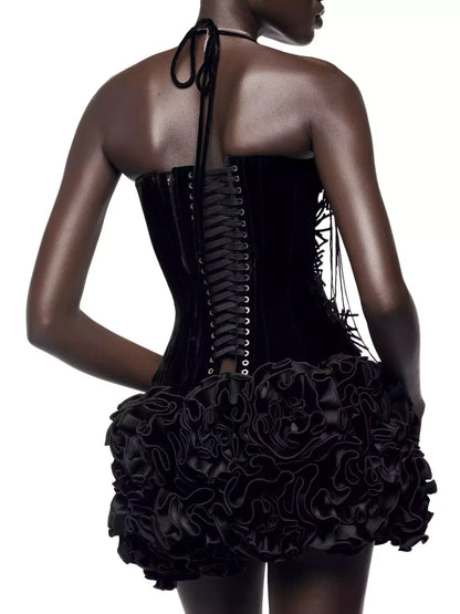 Floral-Appliqued Black Velvet Corset and Ruffle Skirt Set - Suits & Sets