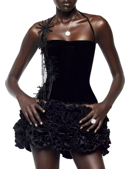 Floral-Appliqued Black Velvet Corset and Ruffle Skirt Set - Suits & Sets