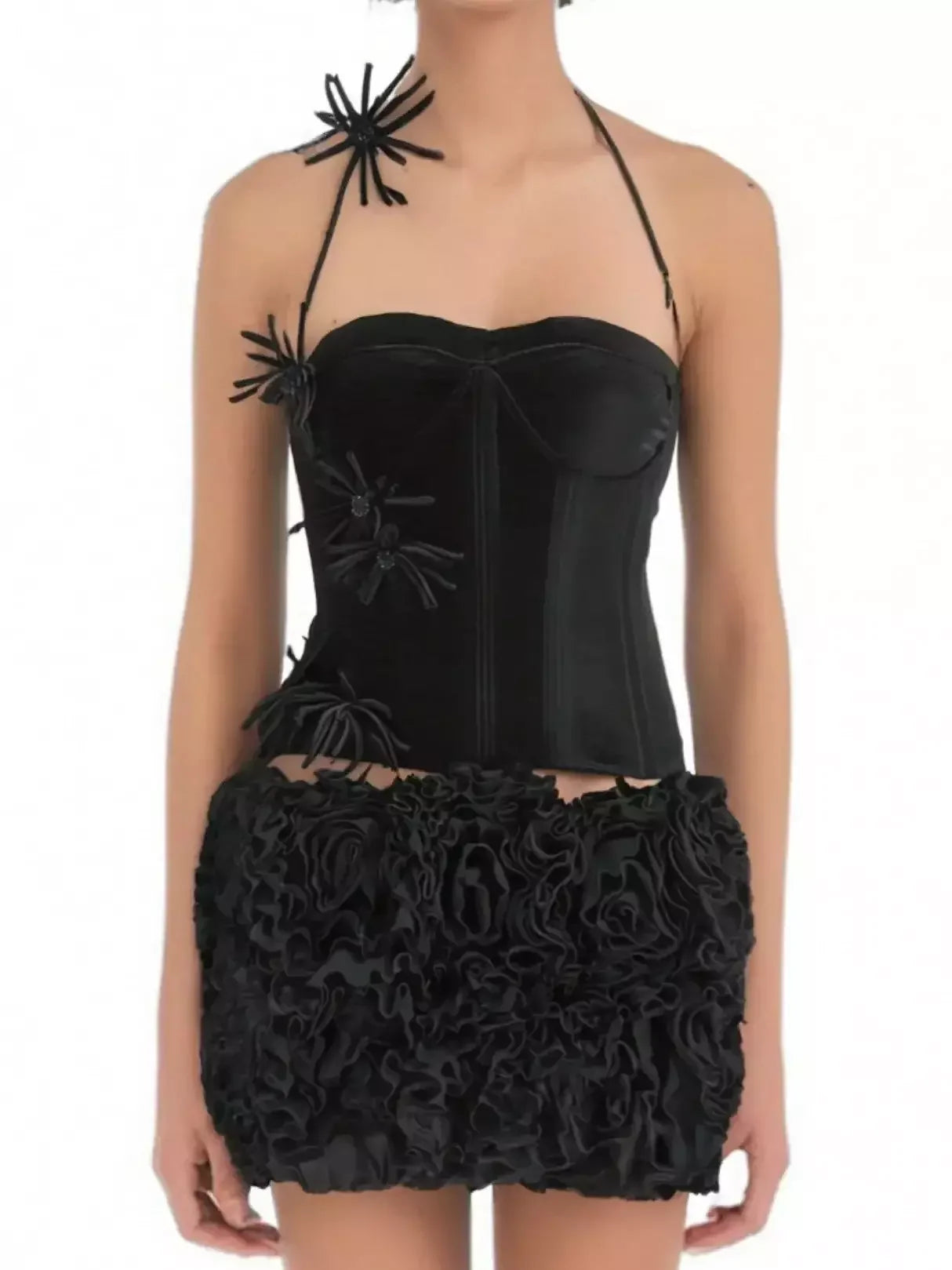 Floral-Appliqued Black Velvet Corset and Ruffle Skirt Set - Suits & Sets