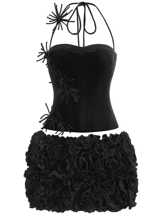 Floral-Appliqued Black Velvet Corset and Ruffle Skirt Set - Suits & Sets