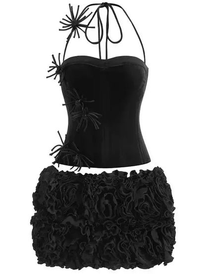 Floral-Appliqued Black Velvet Corset and Ruffle Skirt Set - Suits & Sets