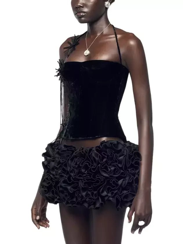 Floral-Appliqued Black Velvet Corset and Ruffle Skirt Set - Suits & Sets